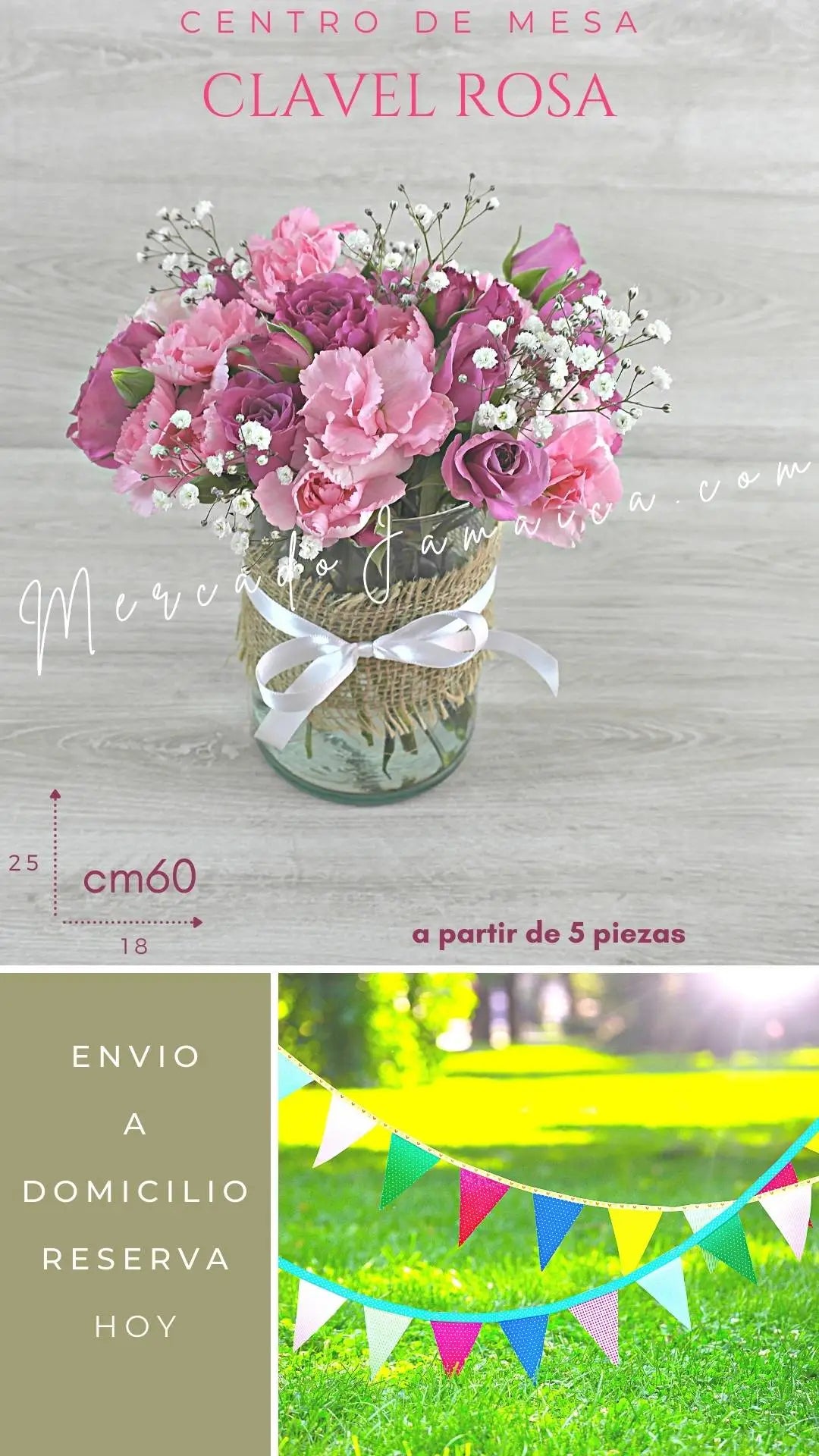 Centro Mesa Mini Rosas Fucsia y Claveles CDMX