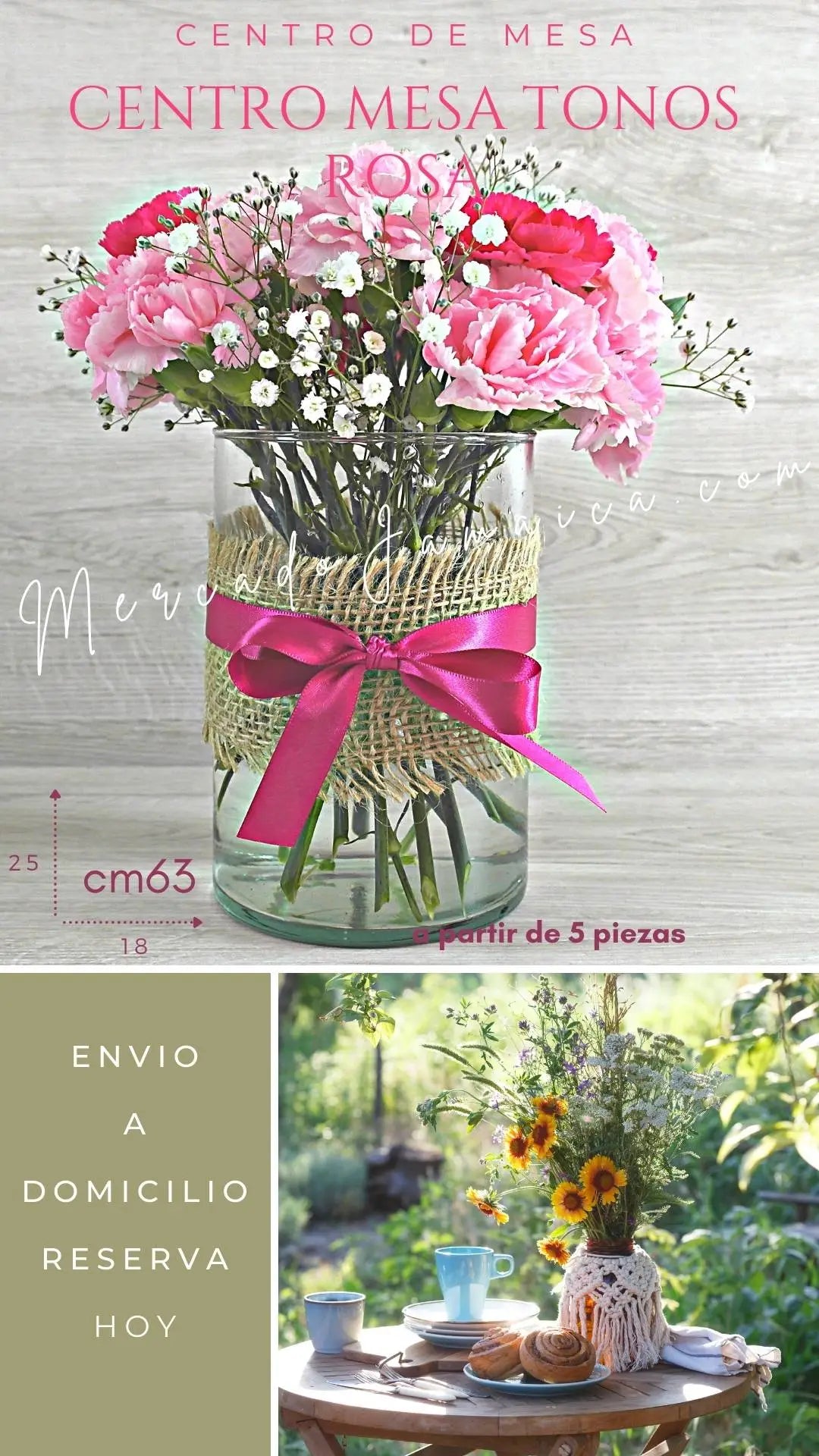 Centro Mesa Claveles Rosa y Fucsia CDMX
