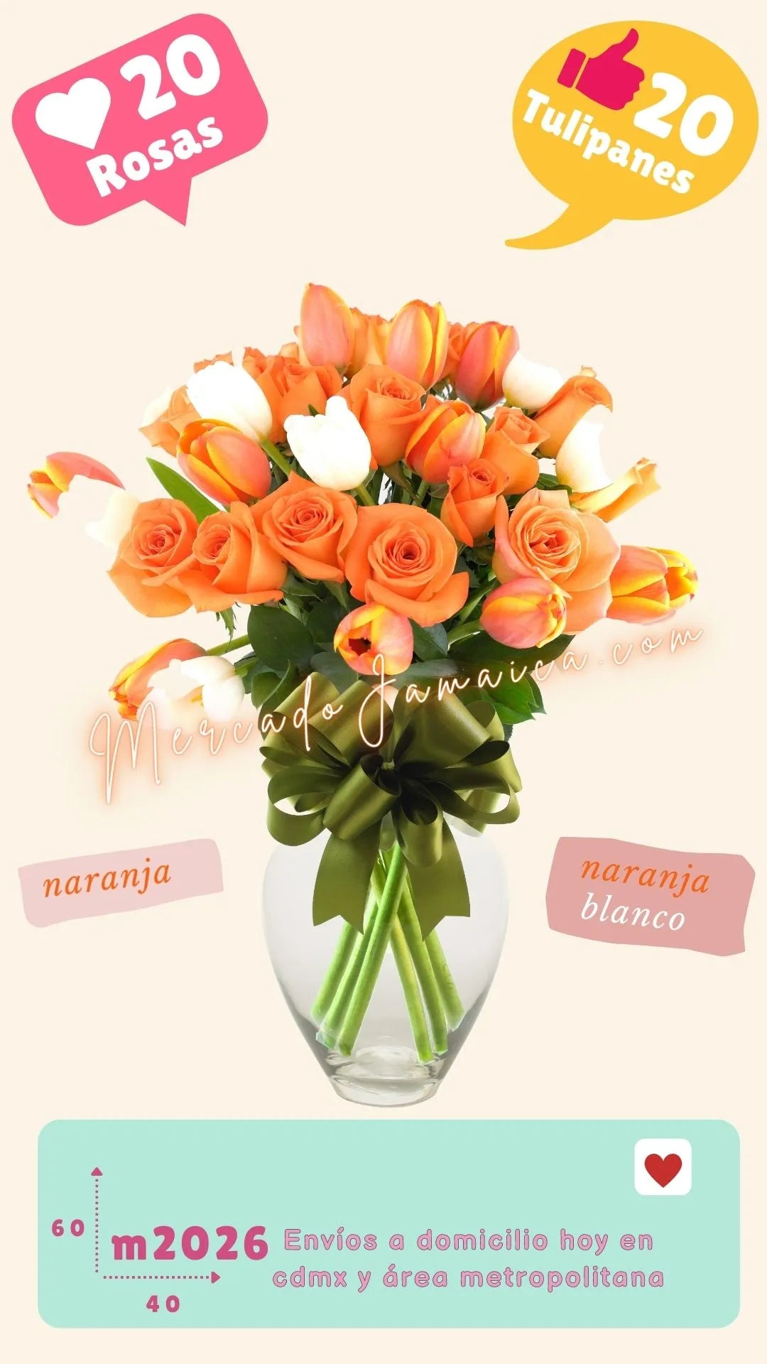 10 Tulipanes Naranja y 20 Rosas a Domicilio CDMX