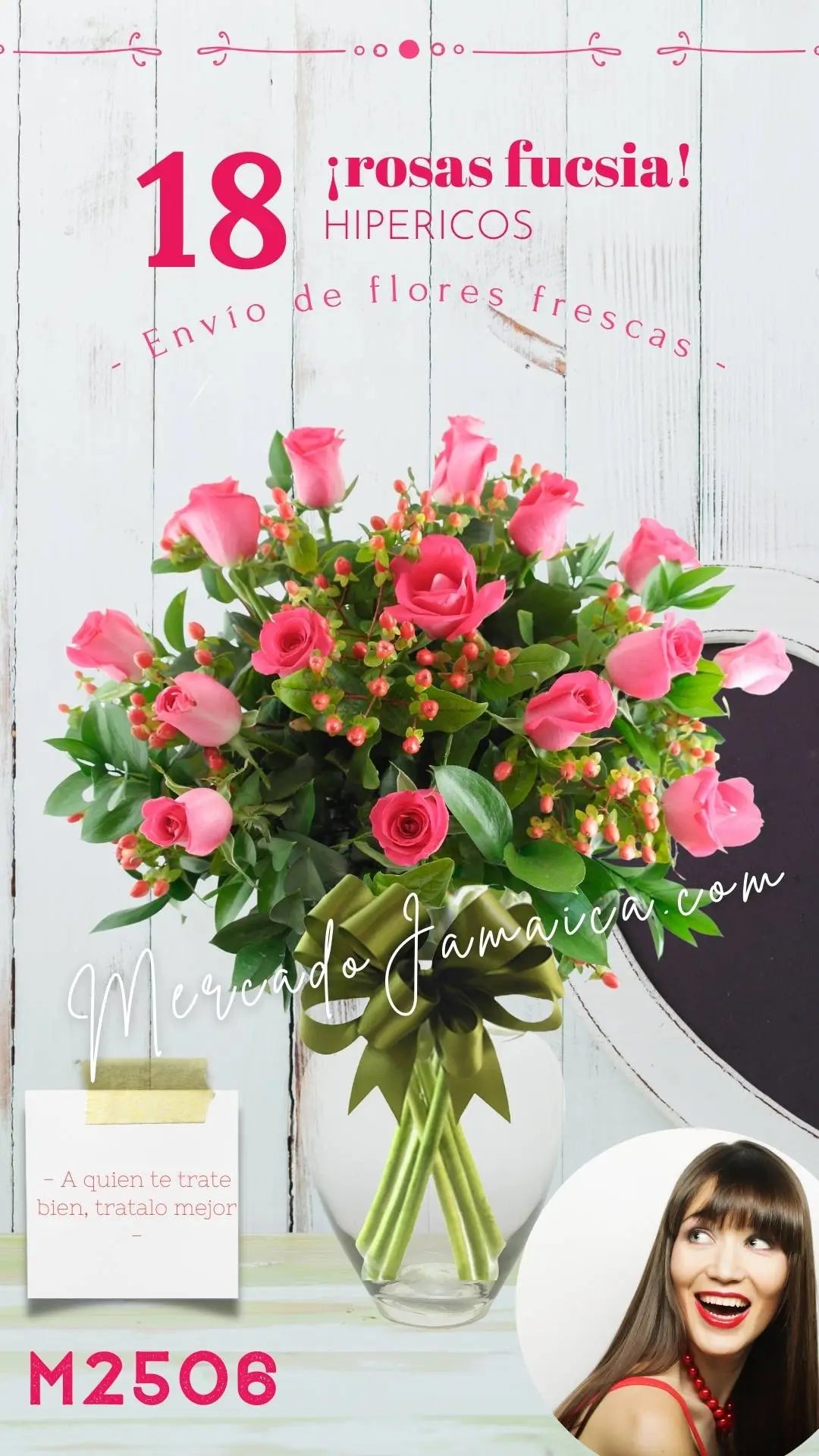 18 Rosas Fucsia con Hipéricos en Florero CDMX