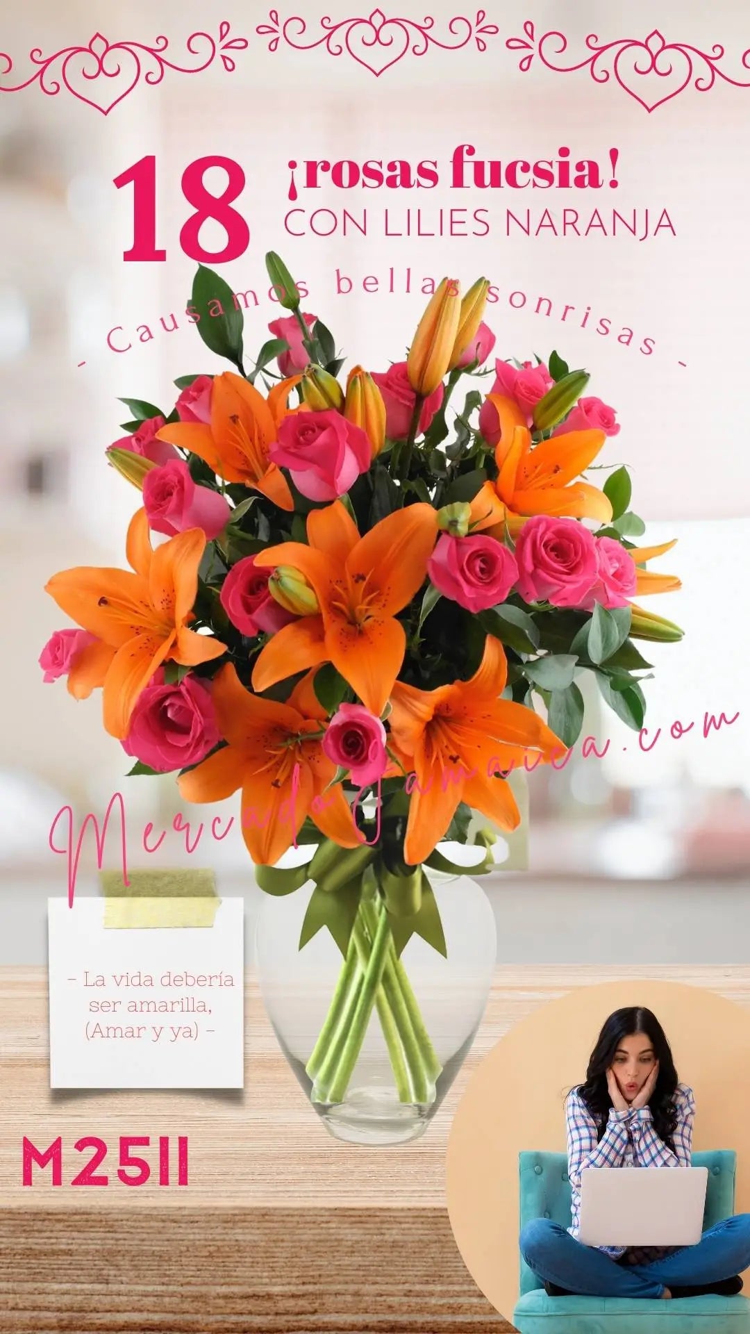 18 Rosas Fucsia con Lilies Naranja | CDMX