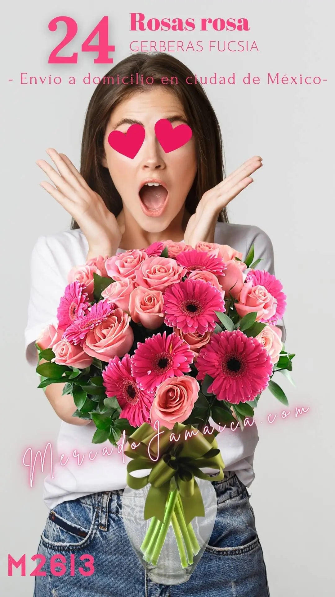 24 Rosas Rosa y Gerberas Fucsia en Florero CDMX