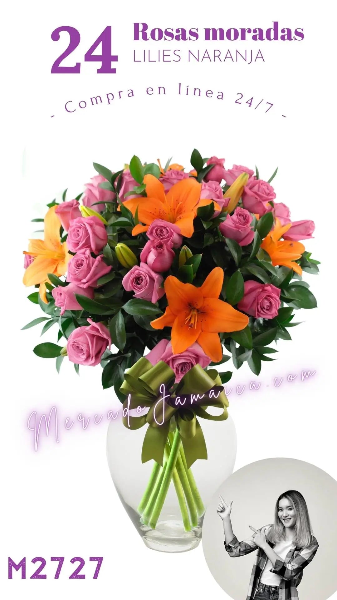 24 Rosas y Lilies Naranja en Florero | CDMX