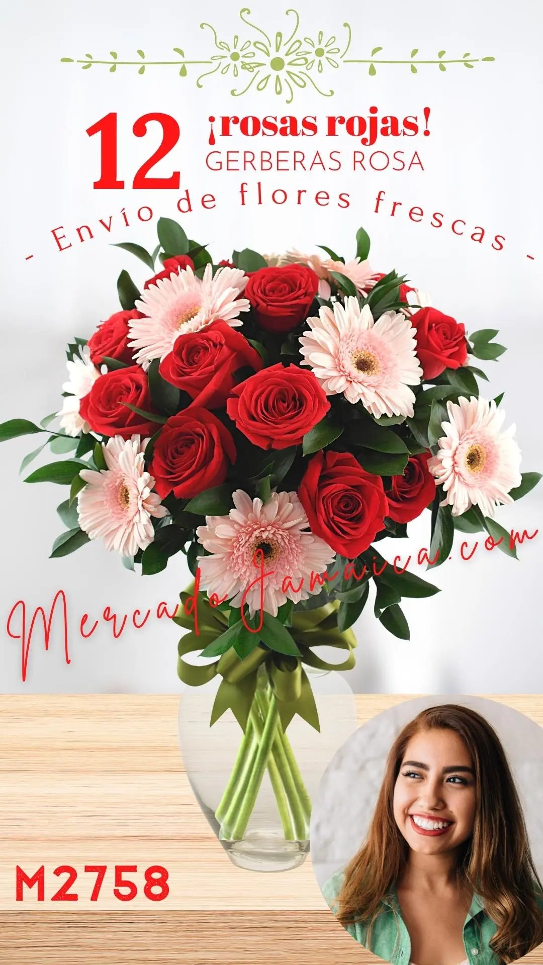 12 Rosas Rojas y Gerberas Rosa en Florero CDMX