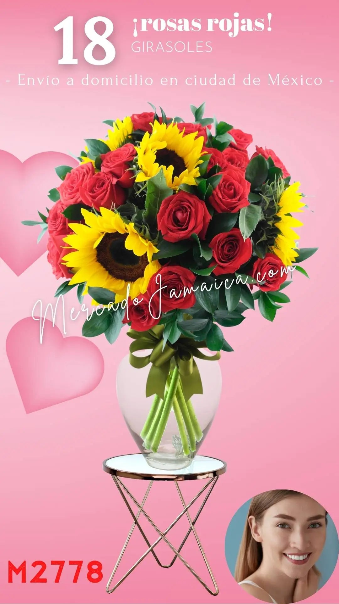 18 Rosas Rojas con Girasoles en Florero CDMX