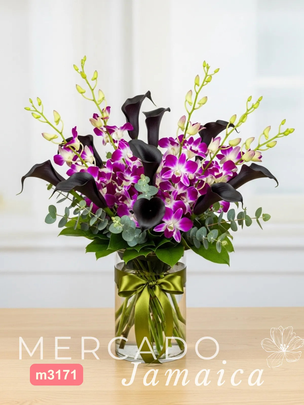 10 Callas Vino y 10 Orquídeas Lila en Florero CDMX
