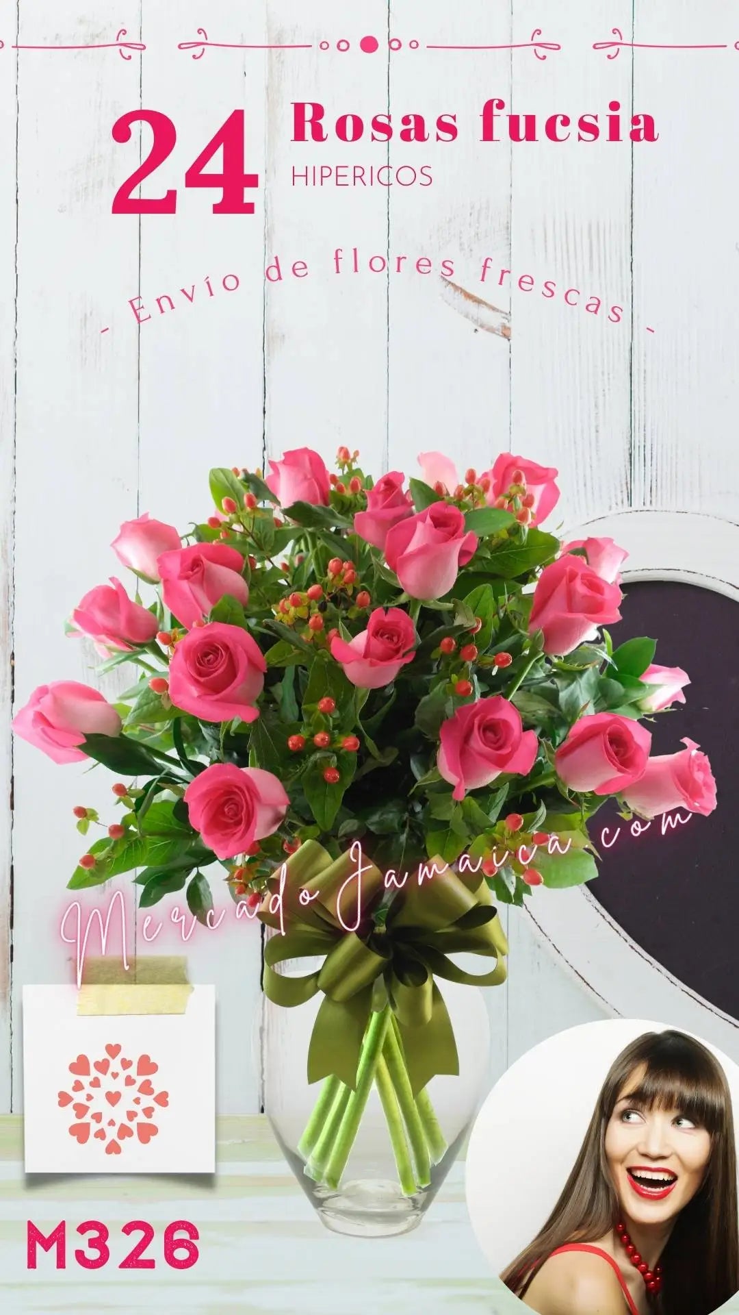 24 Rosas Fucsia con Hipérico Rojo en Florero CDMX