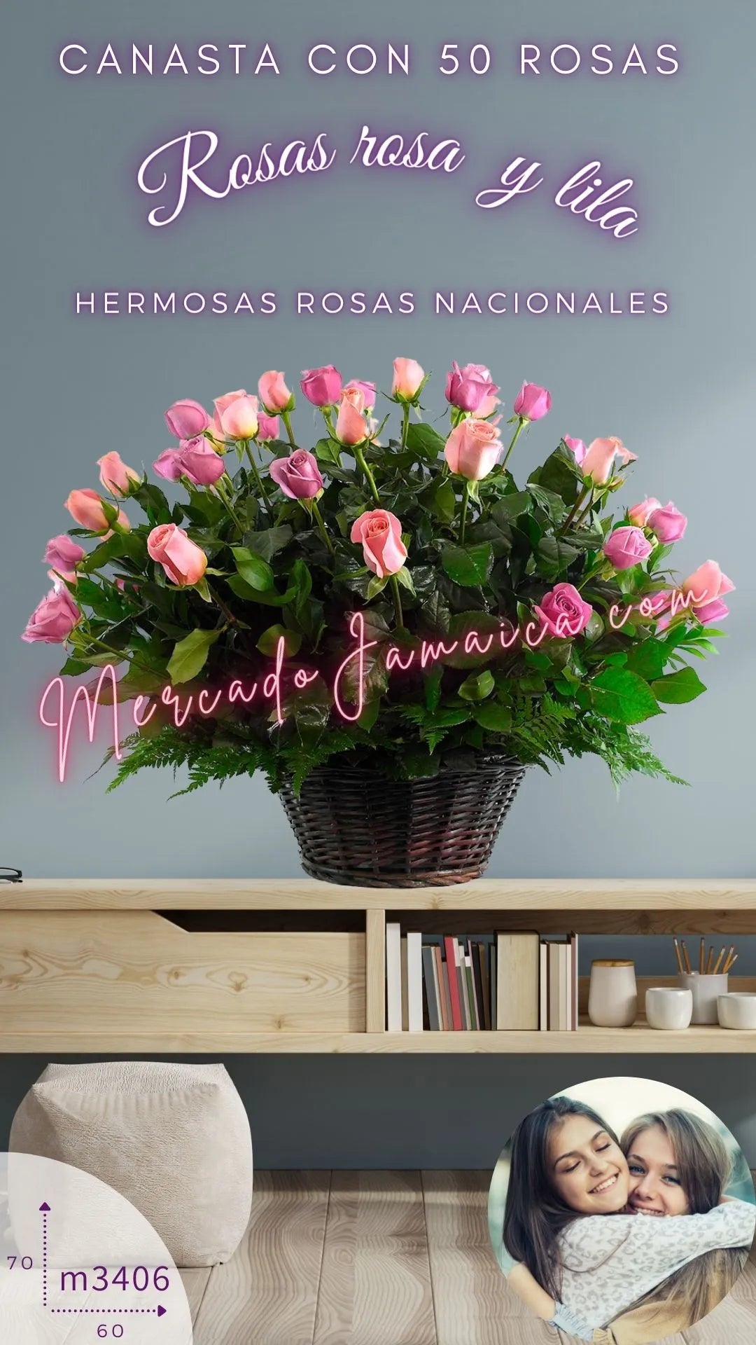 Canasta 50 Rosas Moradas y Rosa CDMX