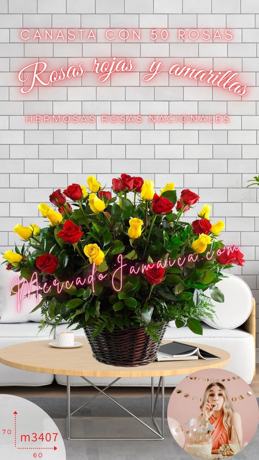 Gran Canasta 50 Rosas Freedom Rojas y Amarillas CDMX