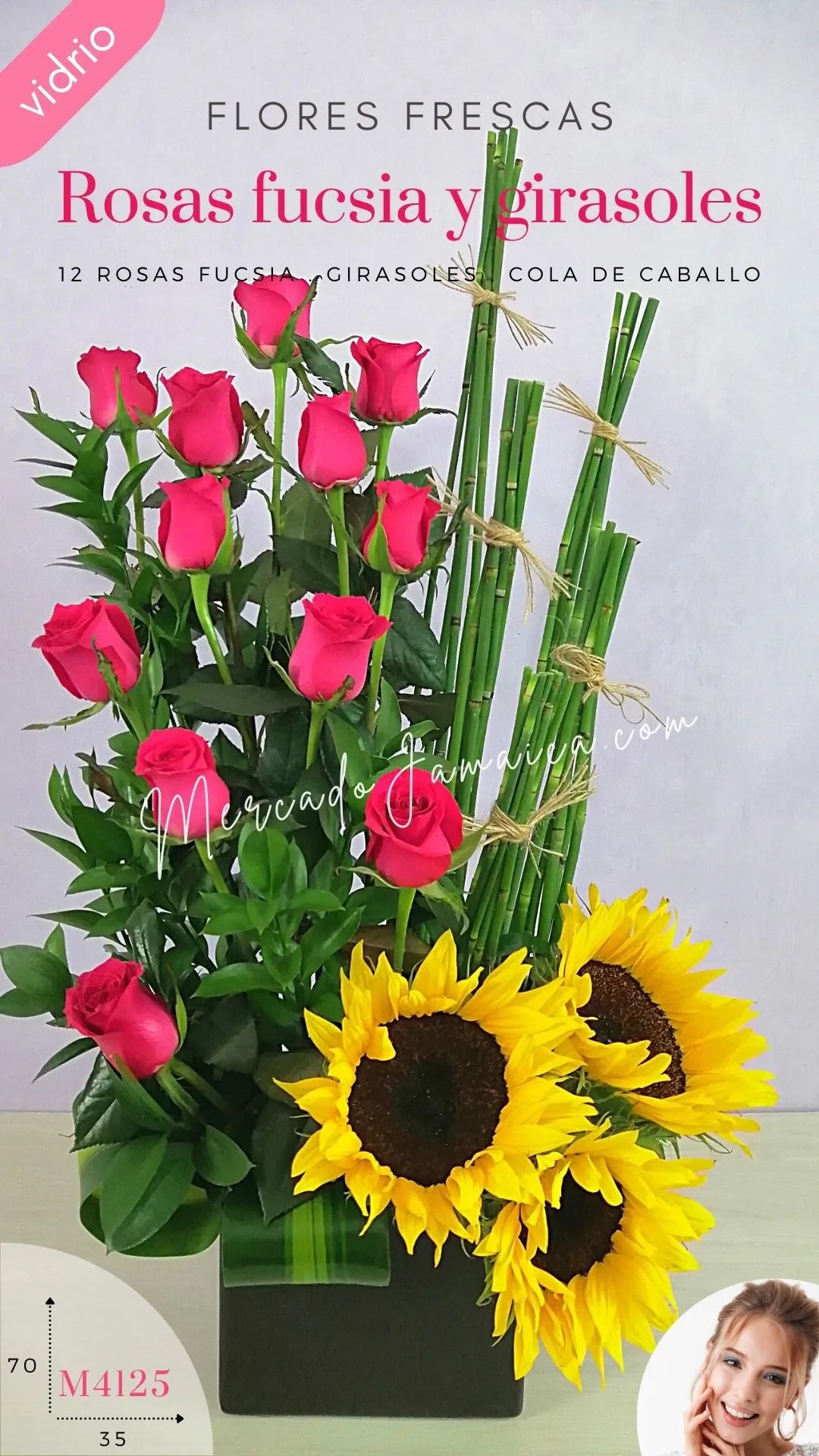 Arreglo 12 Rosas Fucsia y Girasoles CDMX