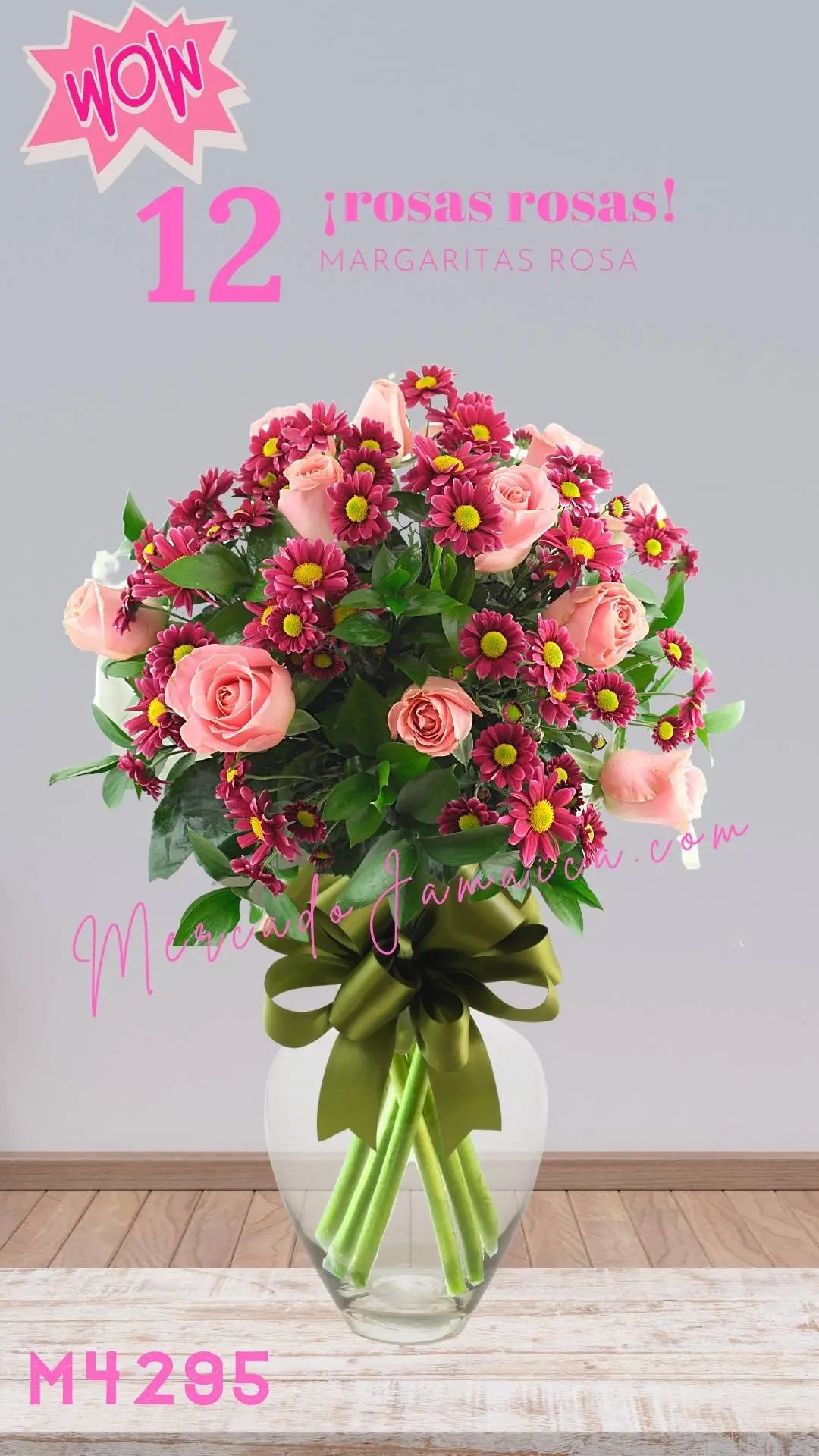 12 Rosas y Margaritas Rosa en Florero | CDMX