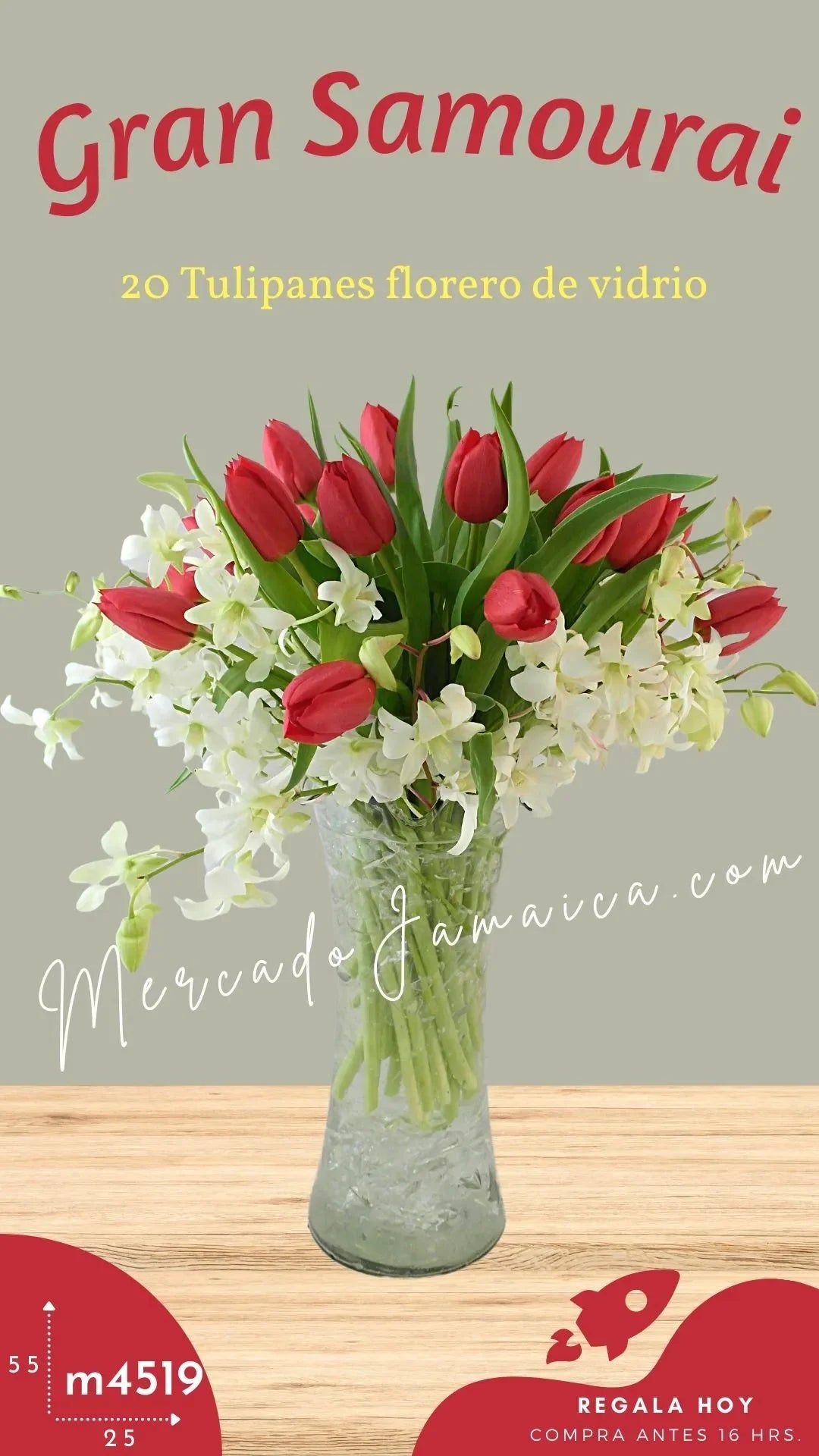 20 Tulipanes Rojos y Orquídeas Gran Samourai CDMX