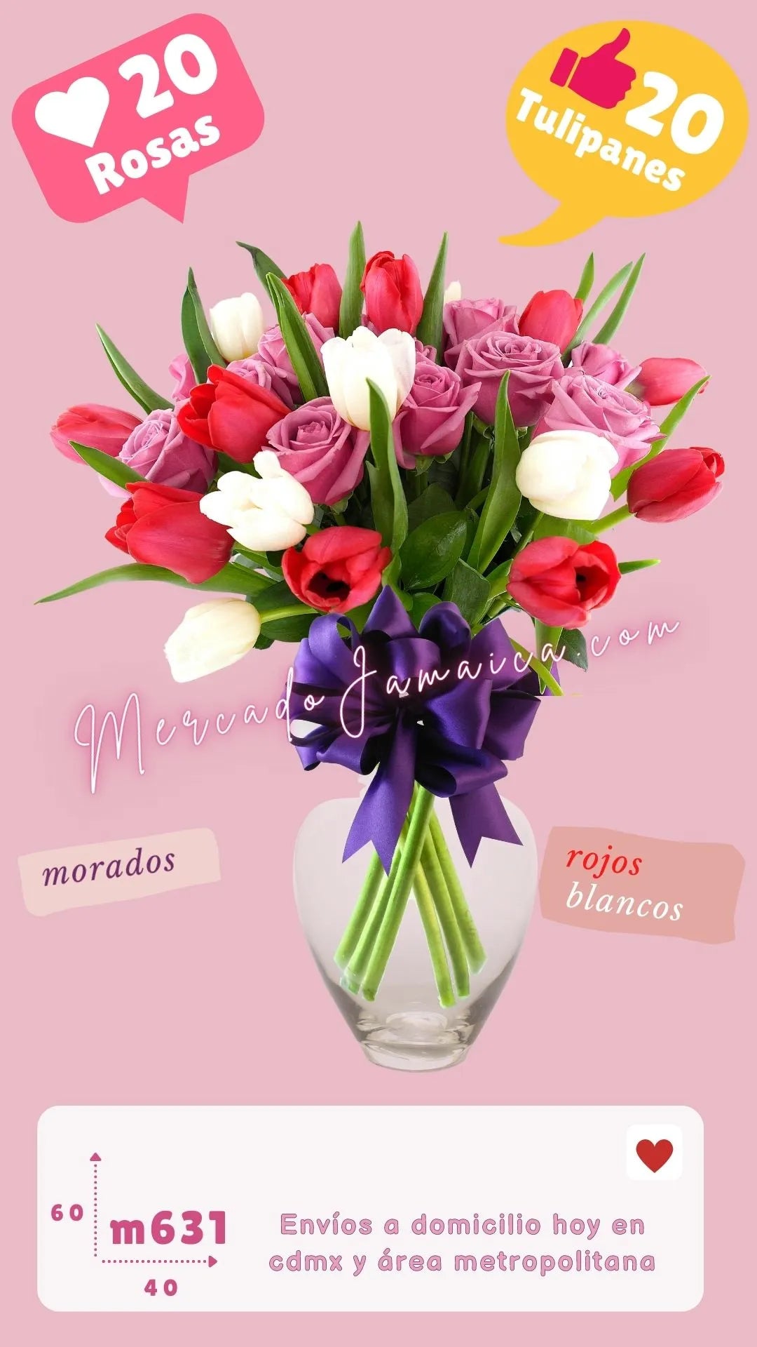 Arreglo 20 Rosas Moradas y Tulipanes CDMX