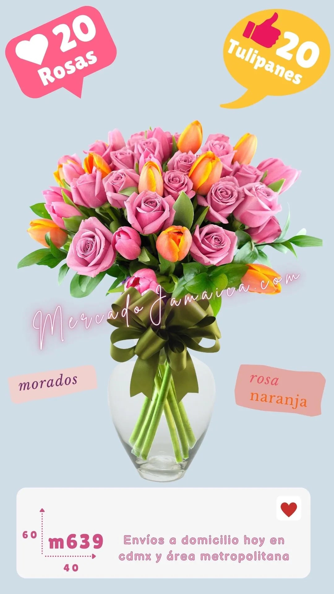Arreglo Tulipanes Rosa, Naranja y Rosas Moradas CDMX