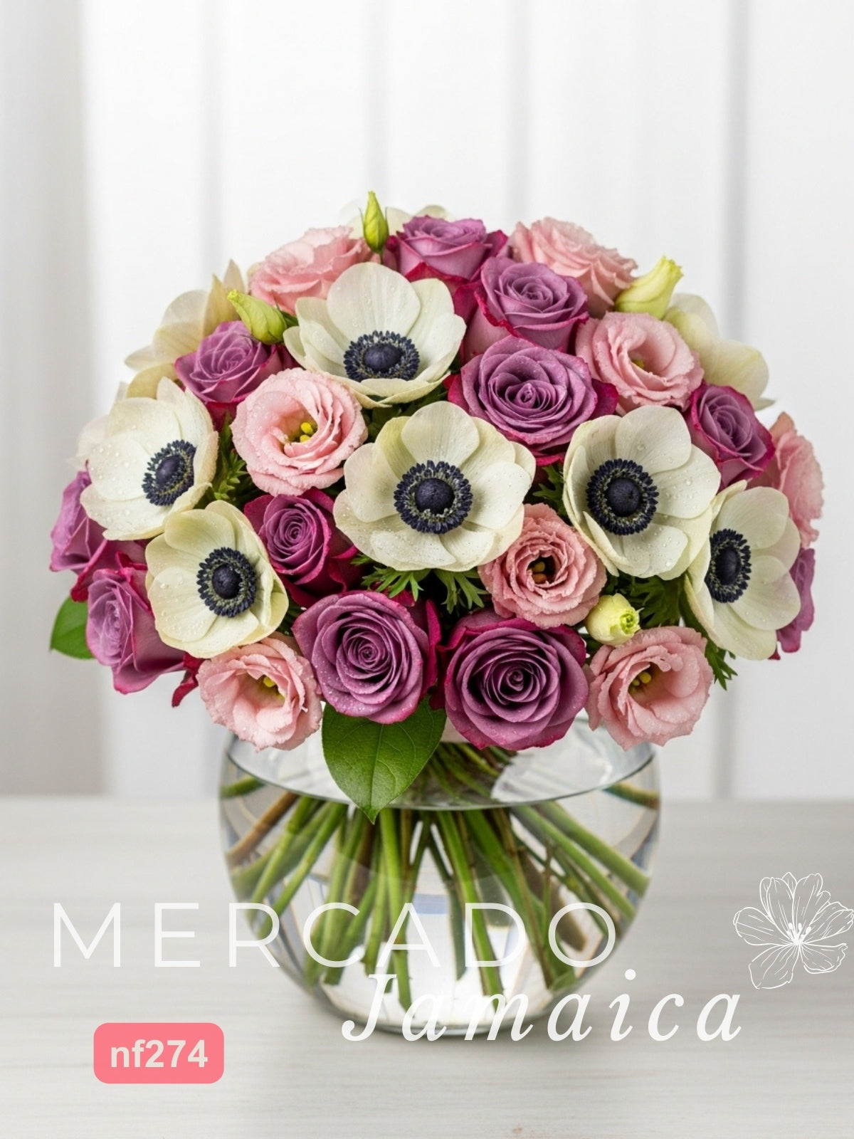 24 Rosas Moradas y Anémonas en Florero CDMX