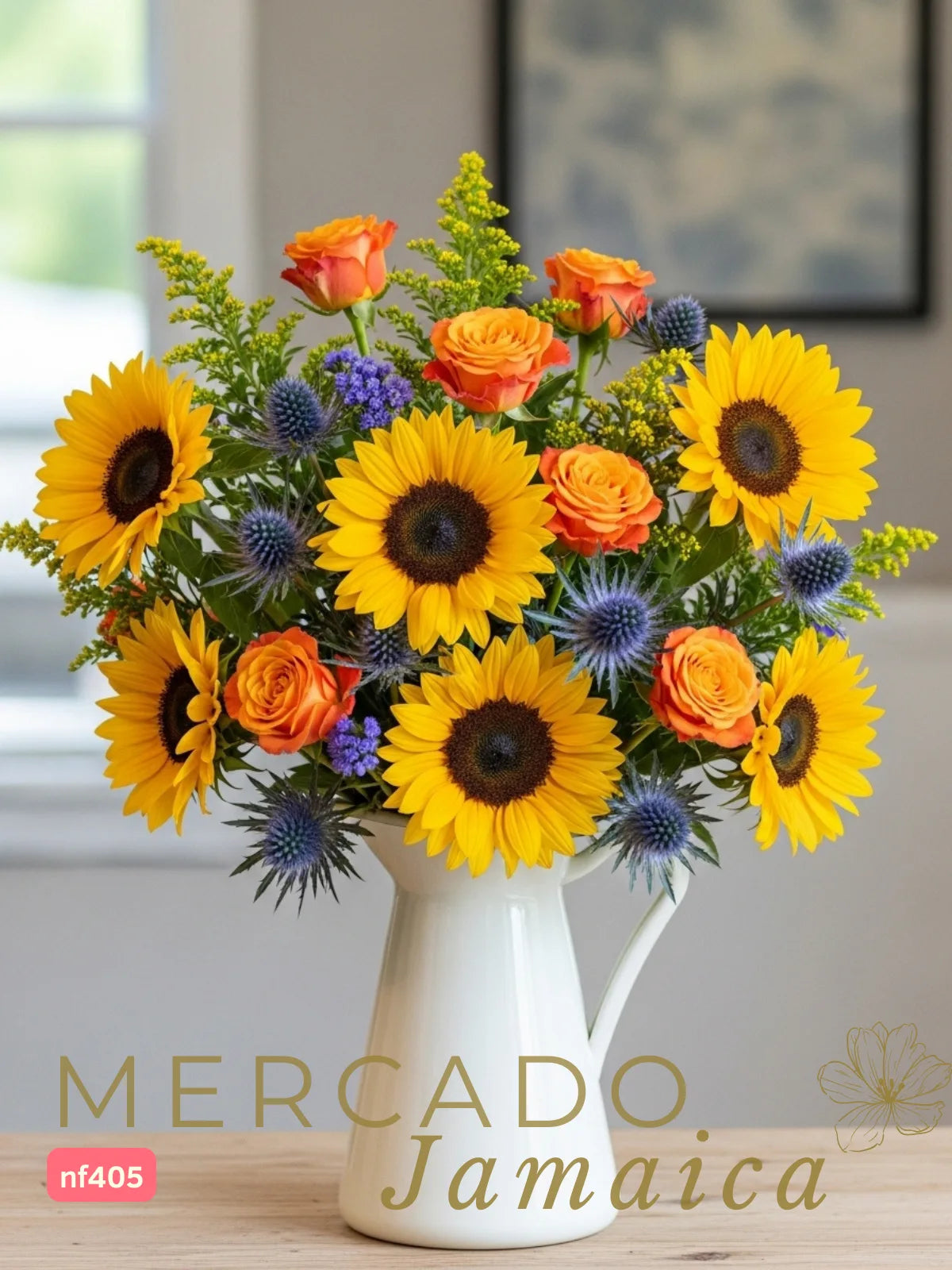 Arreglo Girasoles, Rosas Naranja y Eryngium CDMX
