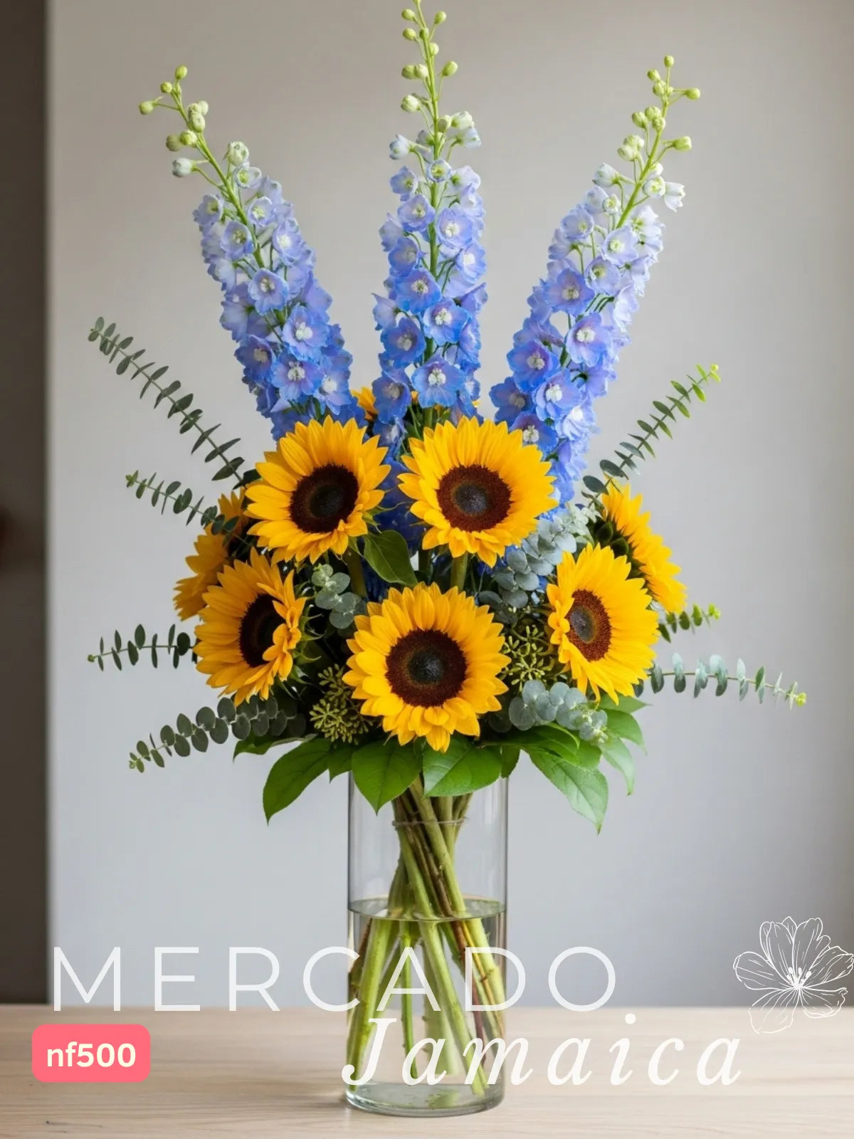 10 Girasoles Cielo de Verano con Delphinium CDMX