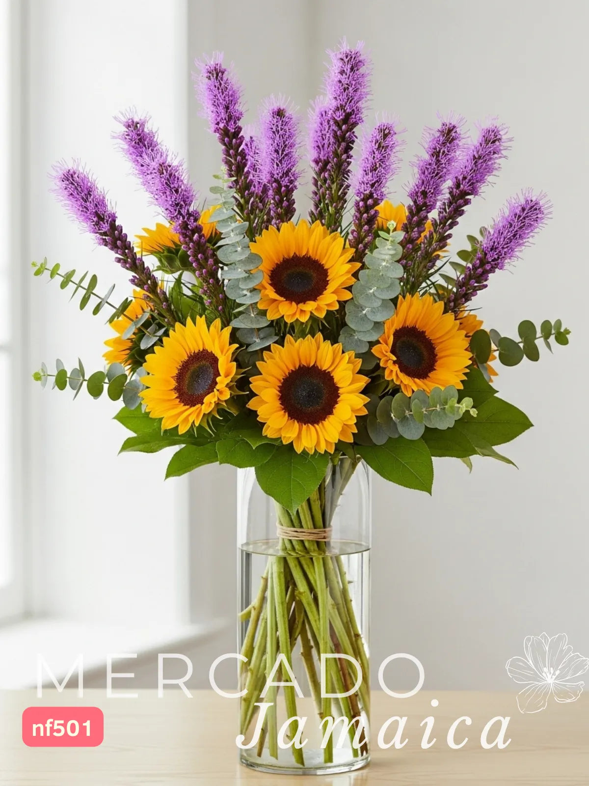 10 Girasoles con Liatris en Florero | CDMX