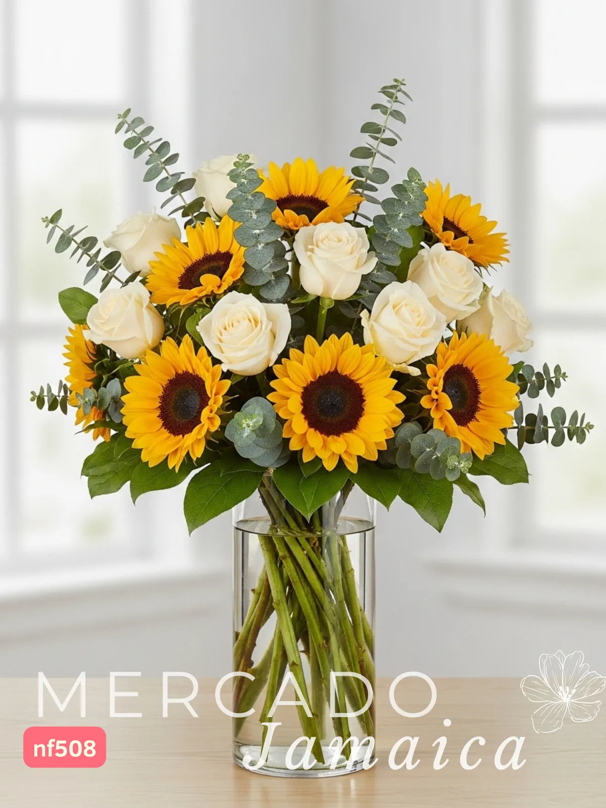 10 Girasoles y 18 Rosas Champagne con Florero CDMX
