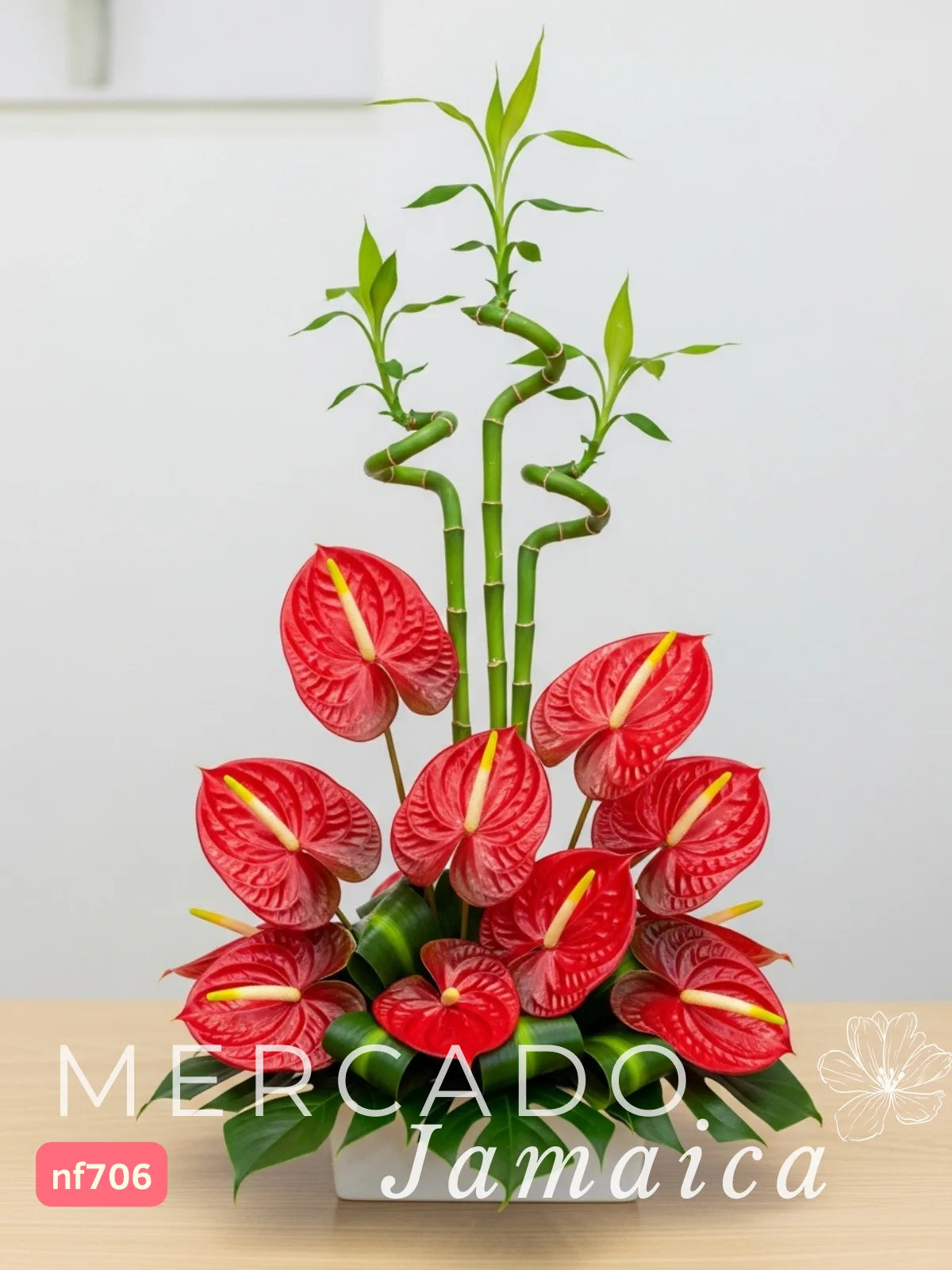 Arreglo 9 Anturios Rojos con Bamboo Curly CDMX