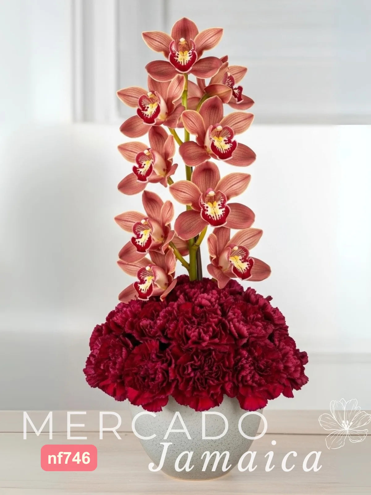 Arreglo Orquídea Cymbidium Roja y 20 Claveles CDMX