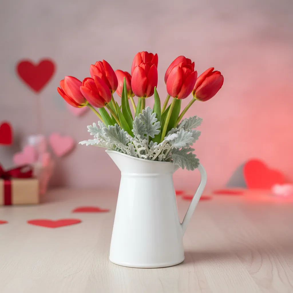 10 Tulipanes Rojos en Jarra Cerámica · CDMX