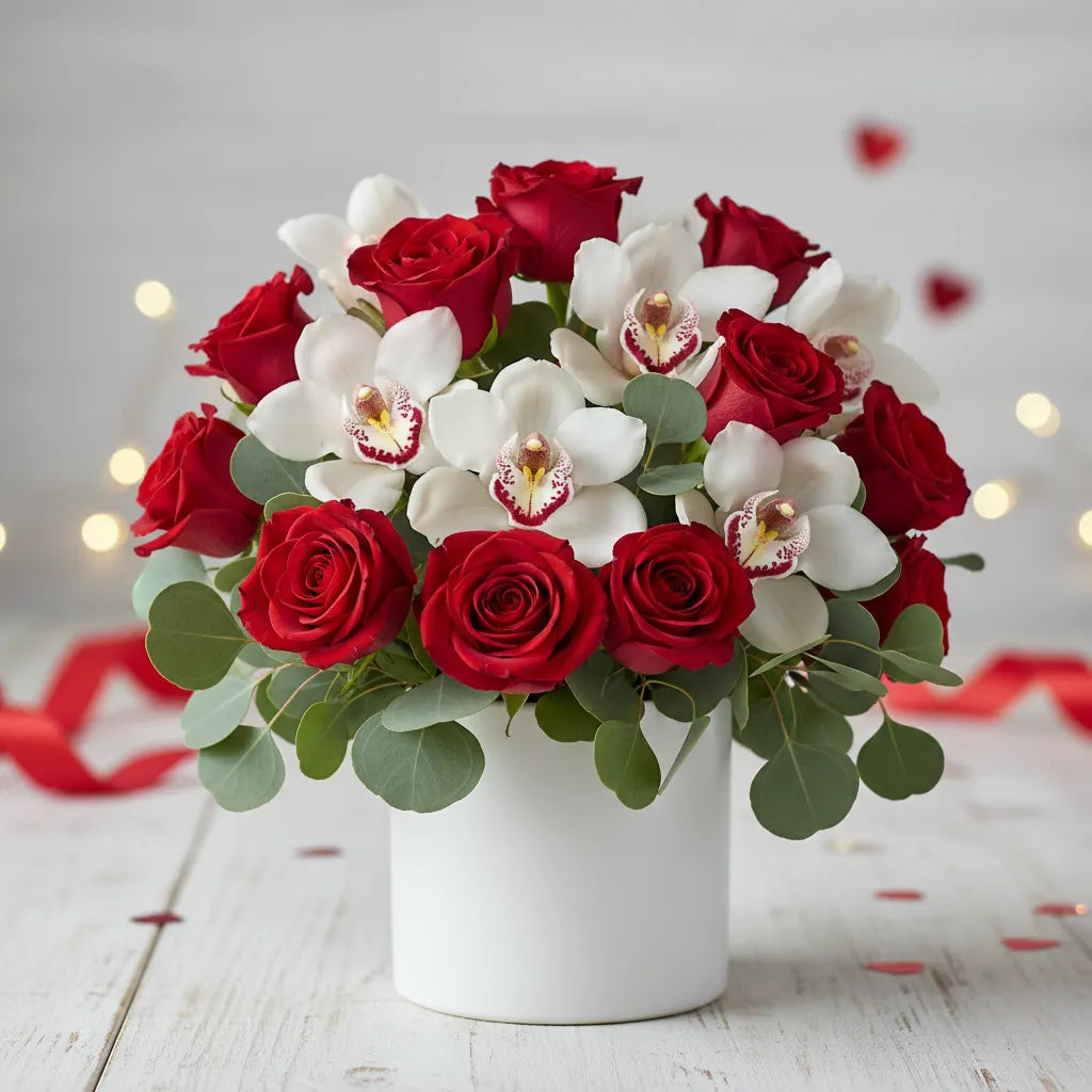 10 Rosas Rojas y Orquídeas Cymbidium CDMX