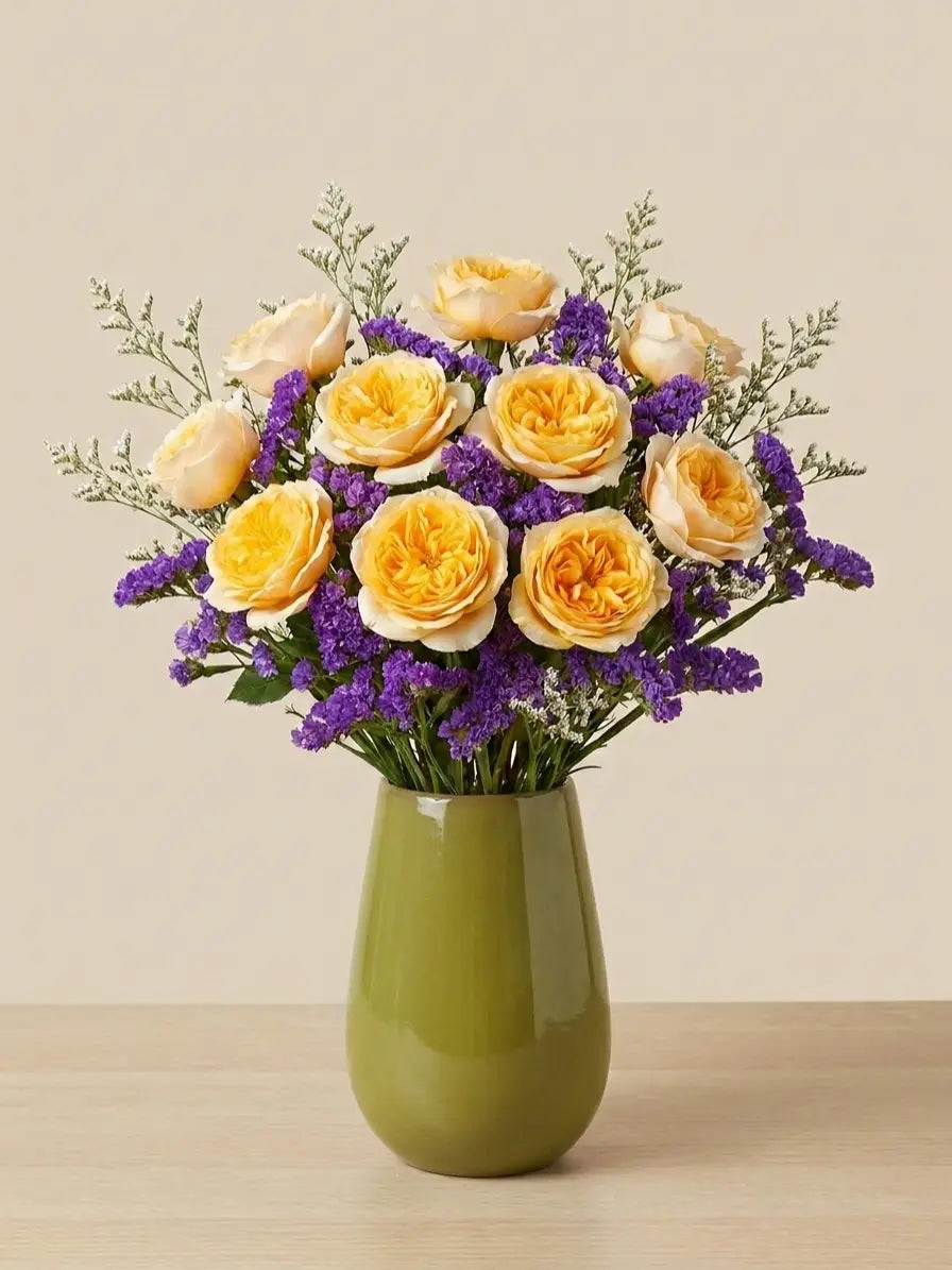 12 Rosas Inglesas Cristal Amarillo con Estatice CDMX